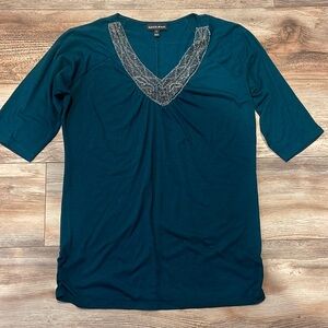 Vintage Fashion Bug 3/4 Sleeve Shirt Size Large Neck Teal Green Beaded Stretchy